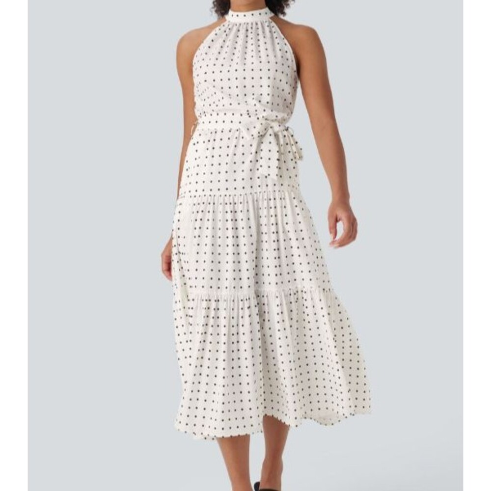 Halara White Black Polka Dot Tiered Flowy Halter Midi Dress Size Large - Picture 2 of 8
